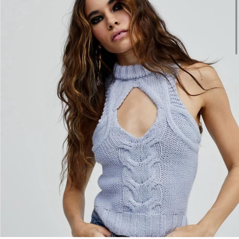 NWT - For Love And Lemons Keke Cable Knit Light Blue Knit Sweater Tank